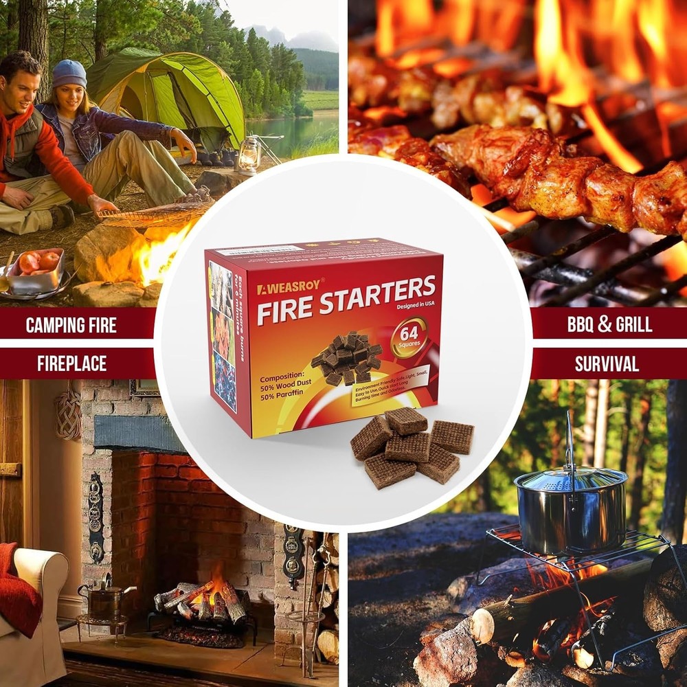 64 Pack Fire Starter Squares - Fast, Safe, & Effective for Fire Lighting