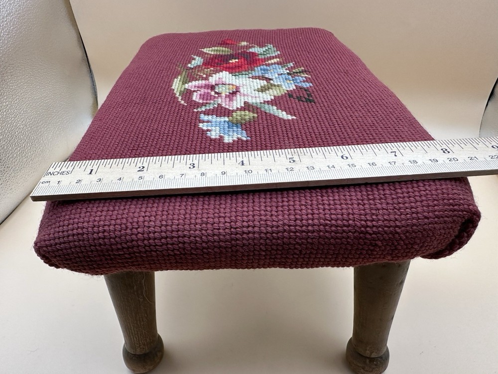 Antique Victorian Needlepoint Wooden Footstool Rectangular Floral