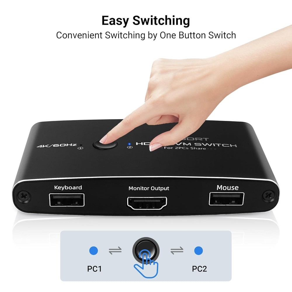 Effortless HDMI KVM Switch for 2 Computers - USB Cables Included, 4K Support