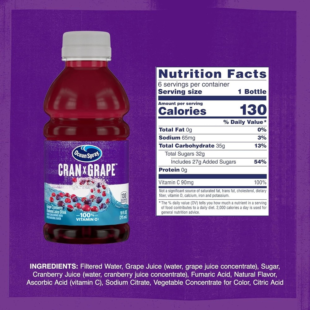 6-Pack Cran-Grape Juice Drinks, 10 Fl Oz Bottles - Refreshing Vitamin C Boost