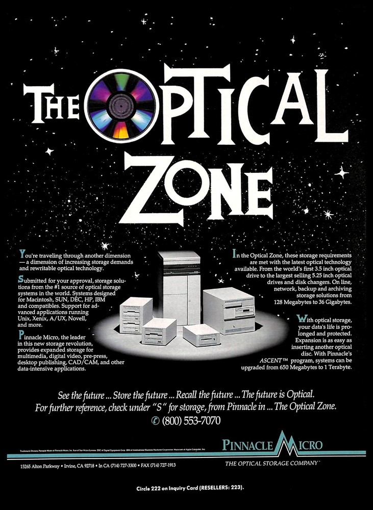 1991 Pinnacle Micro Optical Storage Vintage PRINT AD Digital Data High-Tech