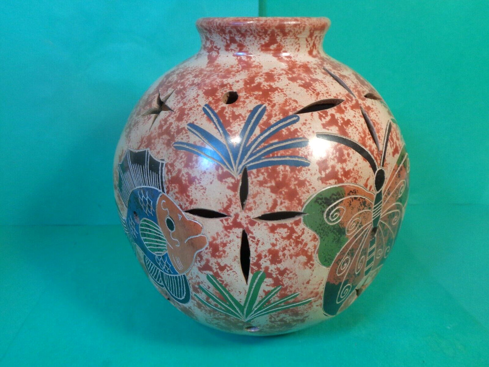 Pottery Tropical Pattern Tea Light/Candle Globe, Brazil (Used/EUC)
