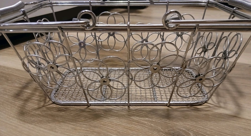 Rectangular Silver Metal Wire Basket with Handles Floral Design