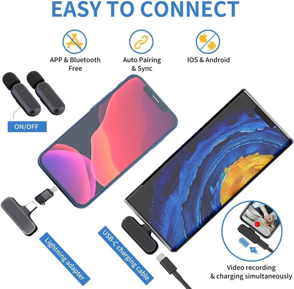 2 Pack Professional Wireless Lavalier Microphone for iPhone Normal, Black