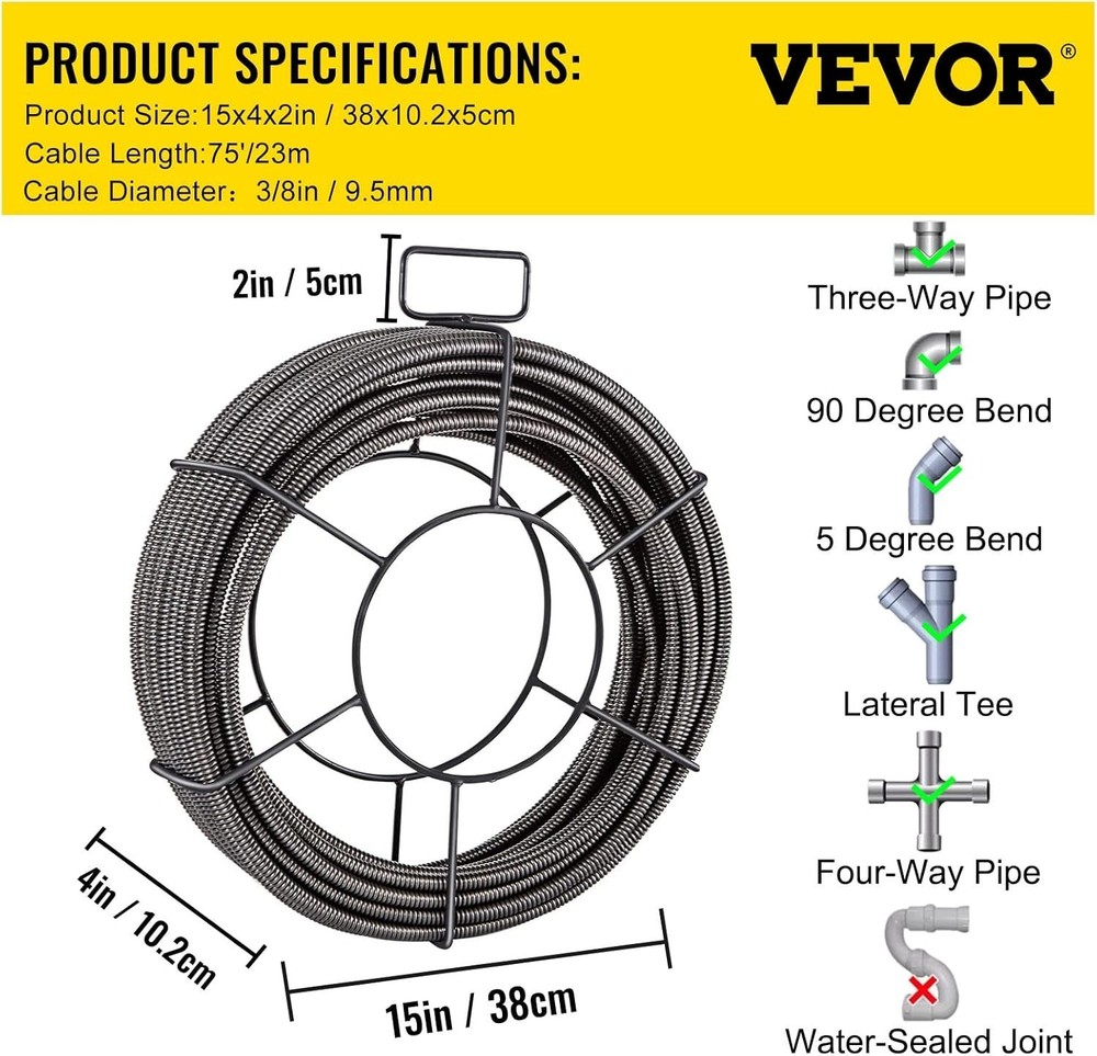 75ft x 3/8 inch Drain Cleaning Cable, Solid Core Cable Sewer Cable