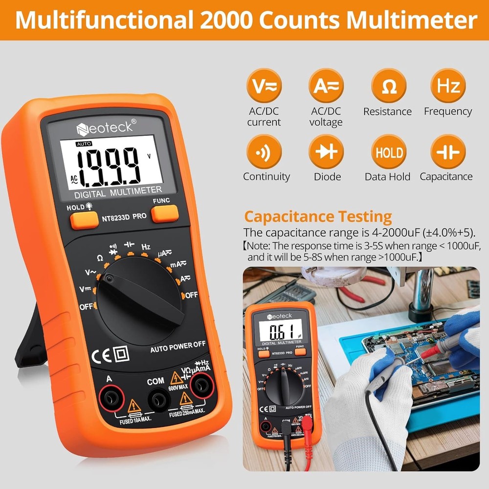 Neoteck Auto Ranging Digital Multimeter AC/DC Voltage Current Ohm Orange