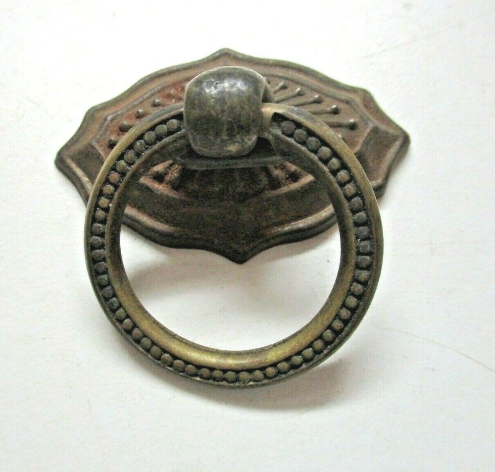 Small 1900s Aged Dark Brass Plated Drop Ring Pull Handle & Backplate 1 Antique