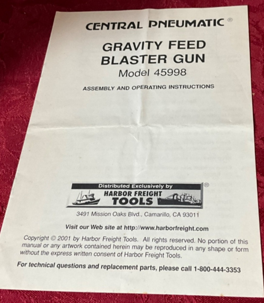Central Pneumatic Gravity Feed Blaster Gun Manual 45998 GUC Operating Instructio