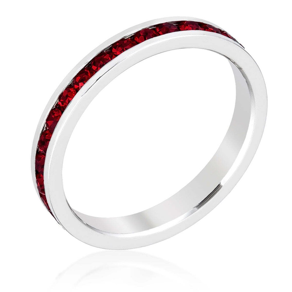 Silvertone Rhodium Plated Brass Round Dark Red Crystal Stackable Eternity Ring