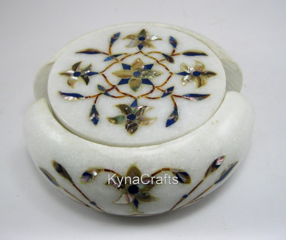 4.5 Inches White Marble Giftable Coaster Set Gemstone Inlay Work Tea Coaster Set