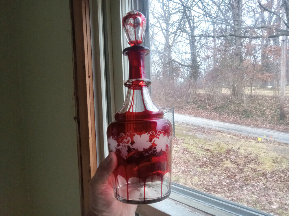 OPEN PONTIL RUBY RED STAINED CUT TO CLEAR WINE BOTTLE ORIGINAL MATCHING STOPPER