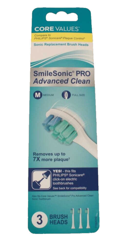 Core Values Sonic Replacement Brush Heads 3 Pack fits Smile Sonic Pro