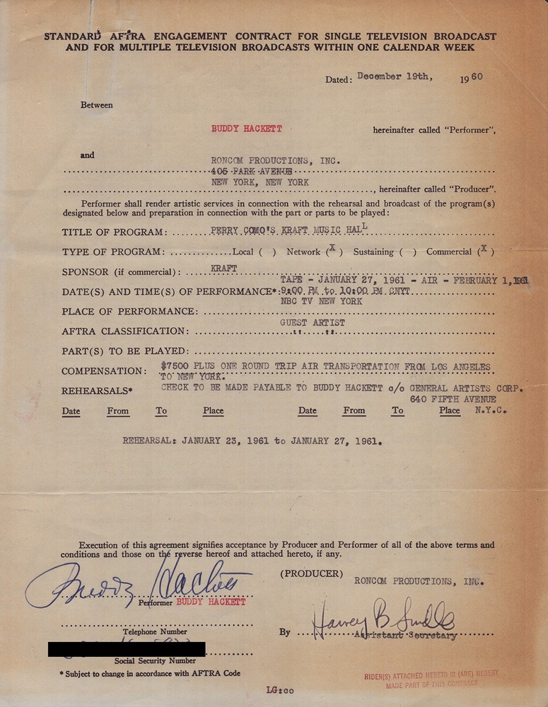 BUDDY HACKETT - ANNOTATED CONTRACT MULTI-SIGNED 12/19/1960