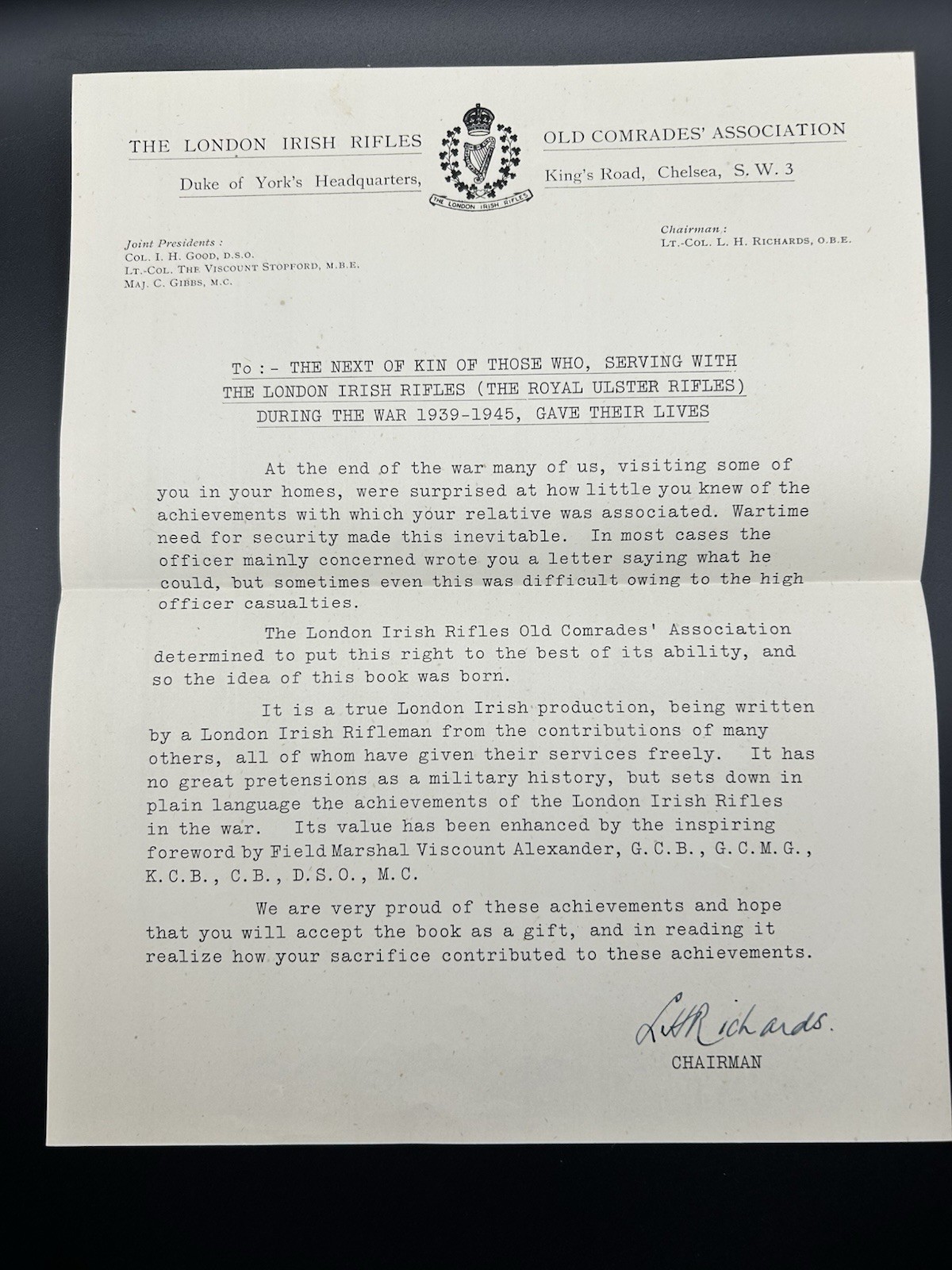 London Irish At War 1939-45 With Next of Kin Letter - Presentation Copy - Rare