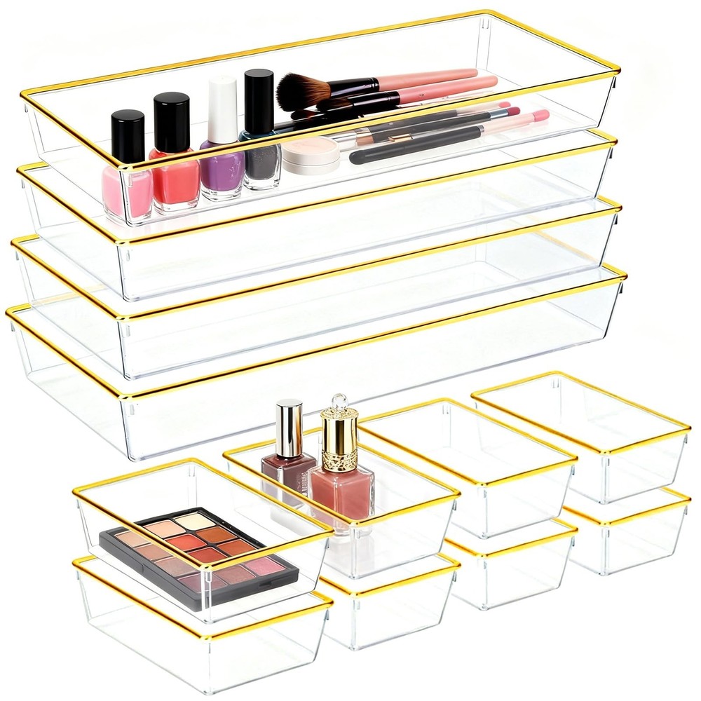 12 Pack Large Size Clear Stackable Drawer Organizer Trays, Gold Rim Makeup Dr...