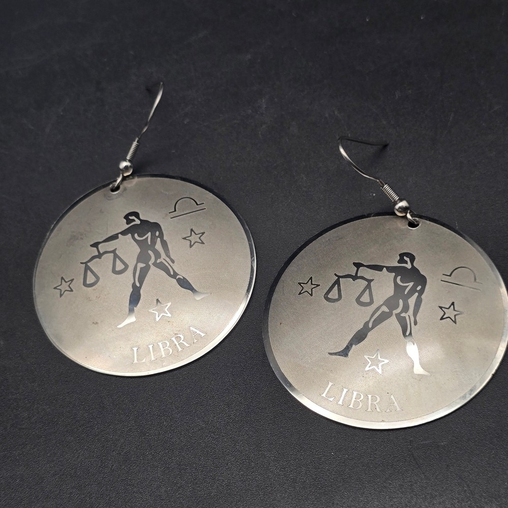 Libra Zodiac Symbol Earrings Silver Tone Discs Round Dangle Drop
