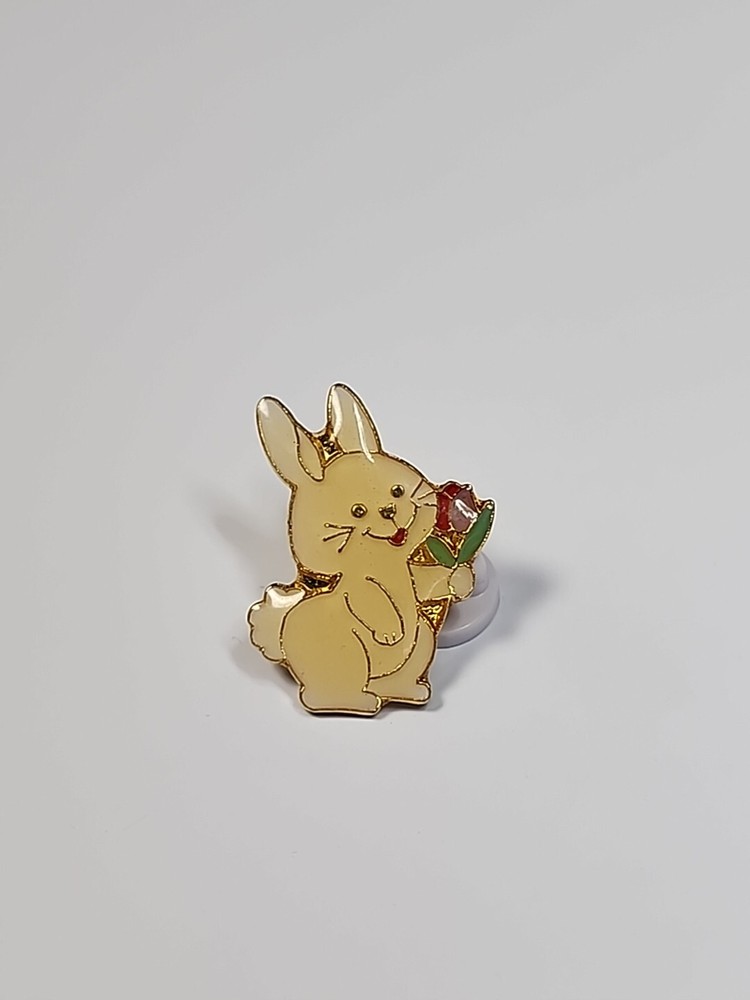 White Bunny Rabbit With Flowers Lapel Pin