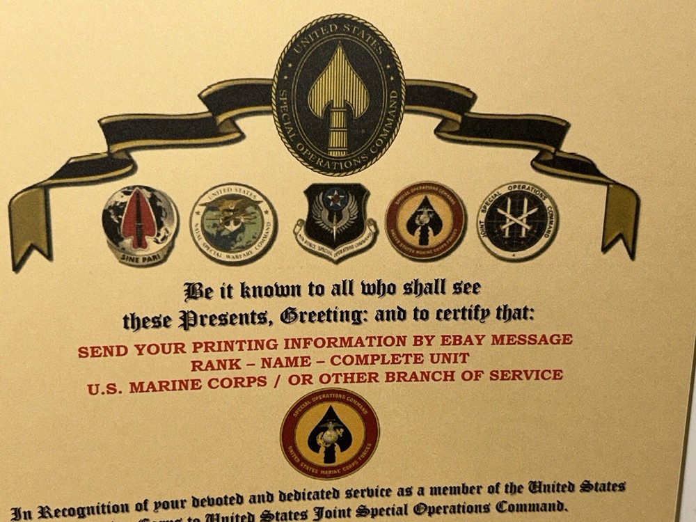 USMC / MARINE CORPS SPECIAL OPERATIONS COMMAND ~ CERTIFICATE OF COMMENDATION