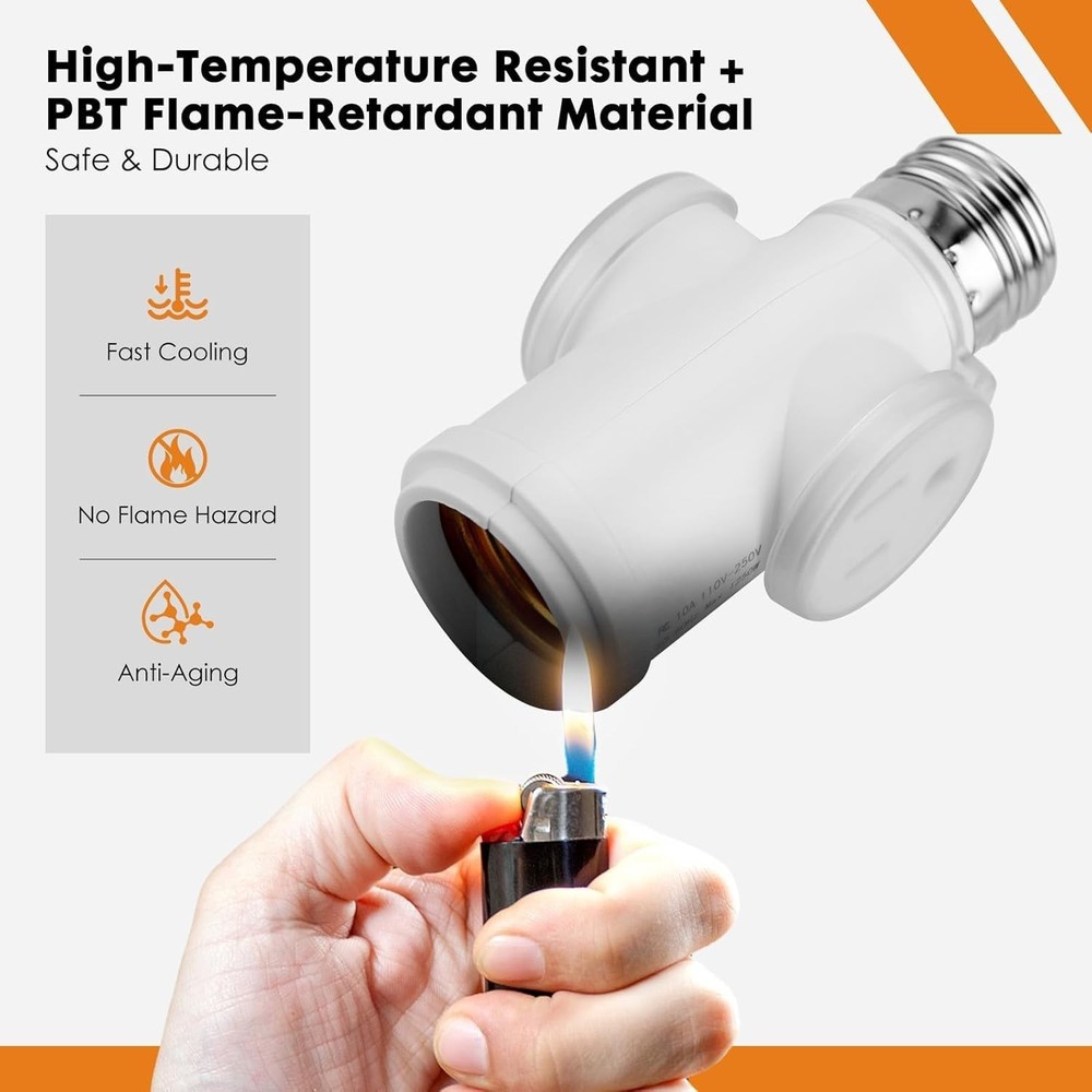 Light Socket Adapter 3 Prong Splitter Waterproof Dustproof White 2-Pack