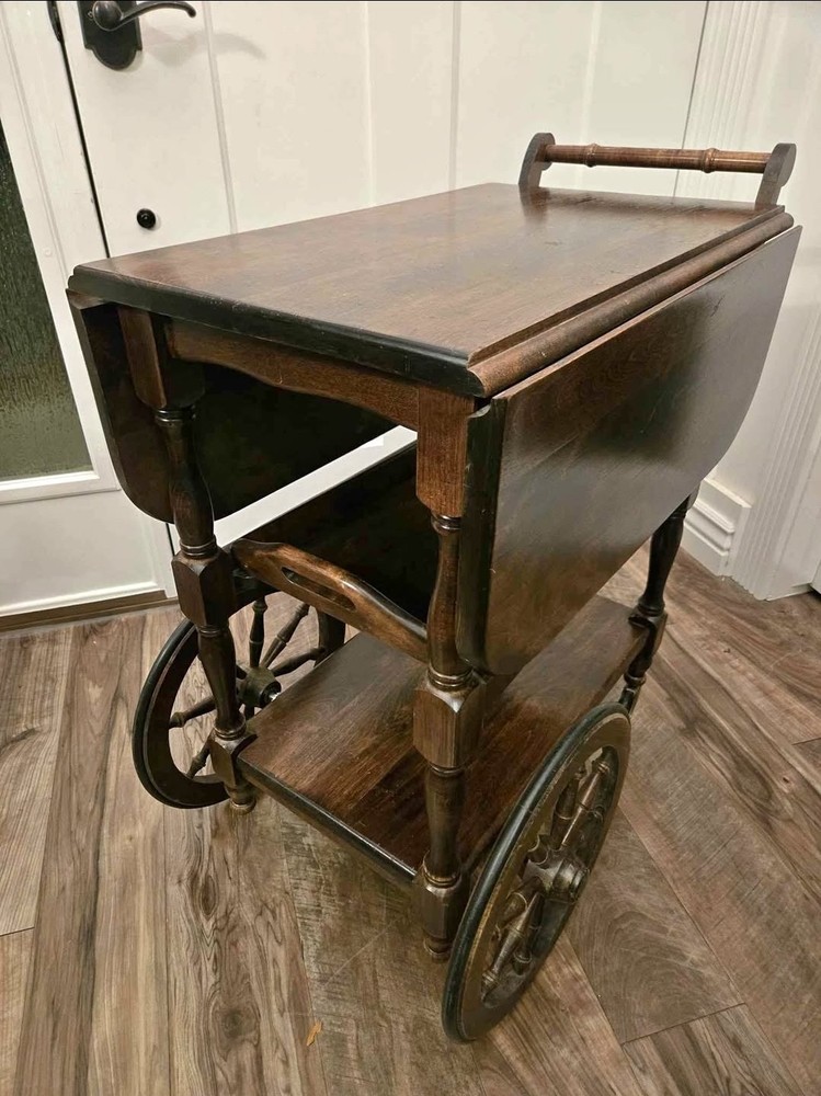 Antique solid oak bar cart with removable tray