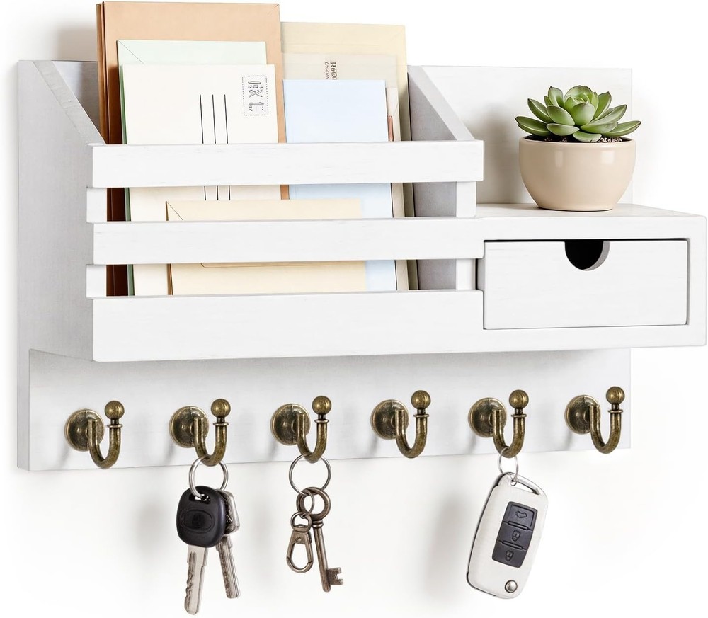 Wall Mount Key Holder with 6 Hooks Mail Organizer Rustic Wood Entryway Decor