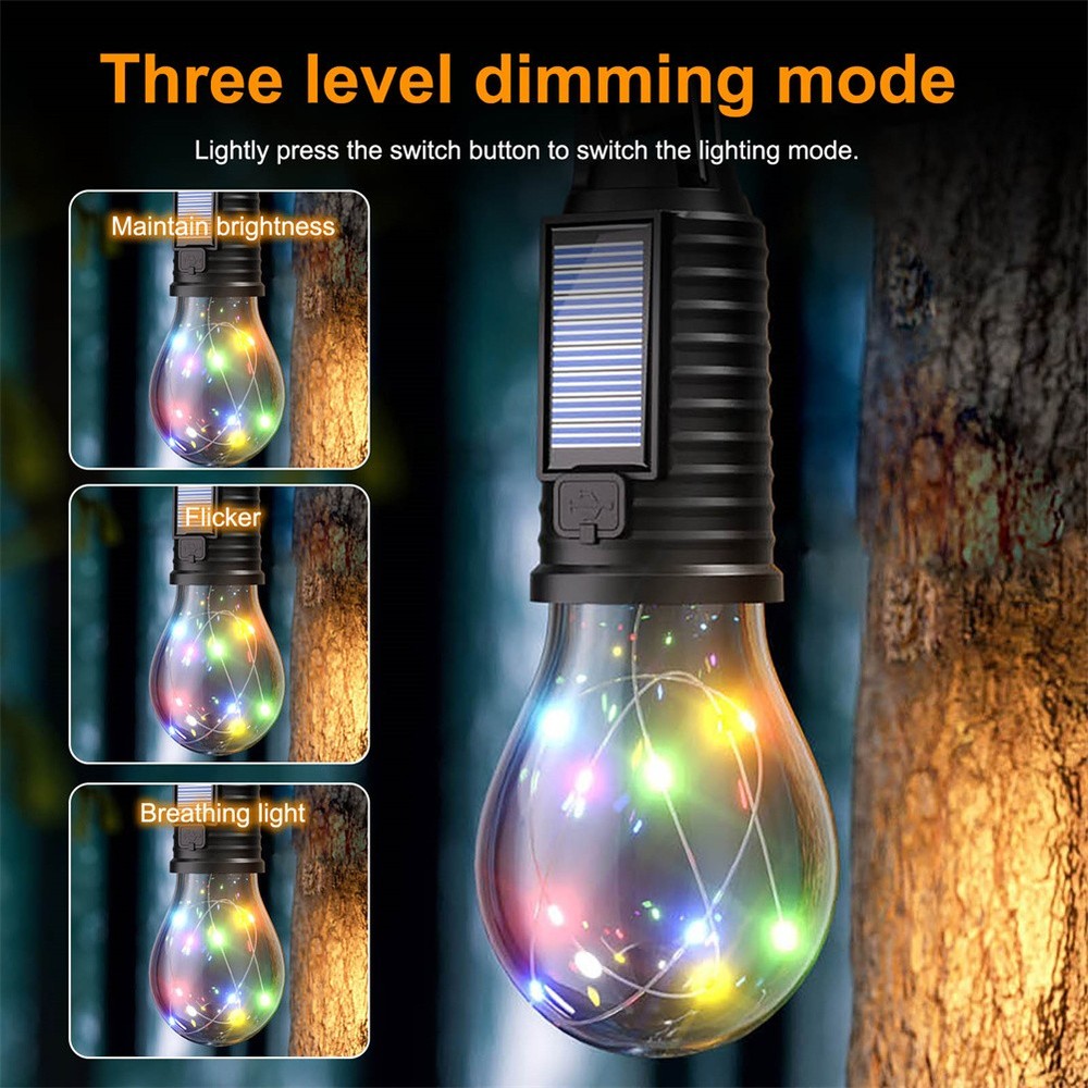 2PCS Tent Light Bulb Solar USB Rechargeable Camping Lantern 3 Lighting Modes