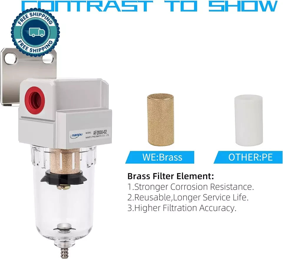 1/4" NPT Compressed Air Line Filter, 5 Micron Brass Element, Bracket, Poly Bowl,