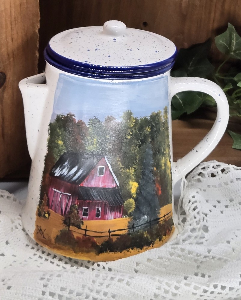 speckled coffee pot w/ fall barn (26080) hand painted