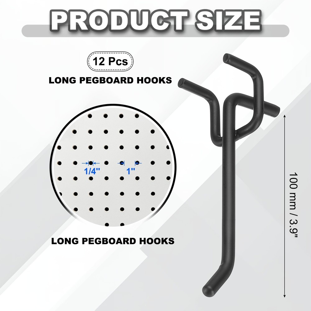 12 Pcs Pegboard Hooks, 3.9" Peg Board Hooks Kit, Black (1mm)