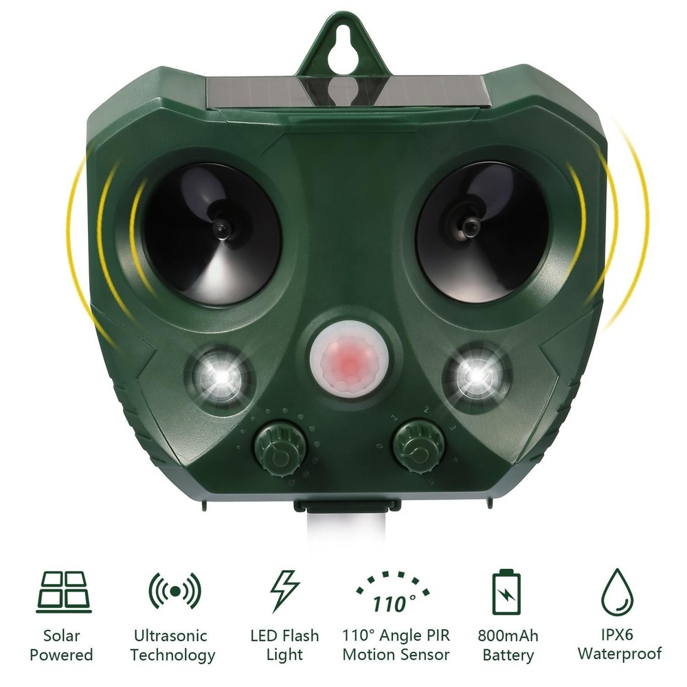 Ultrasonic Animal Repeller Solar Powered Repellent w/ Motion Sensor LED Flashing