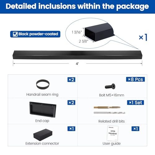 Black Cable Railing Handrail Rectangular Stainless Steel Handrail 4FT 1 Pack