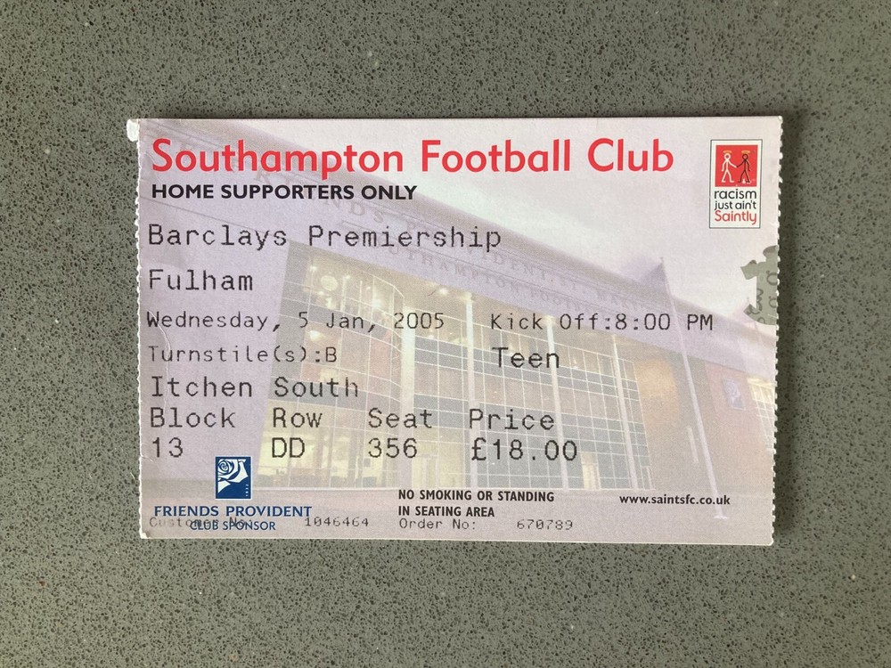 Southampton v Fulham 2004-05 Match Ticket