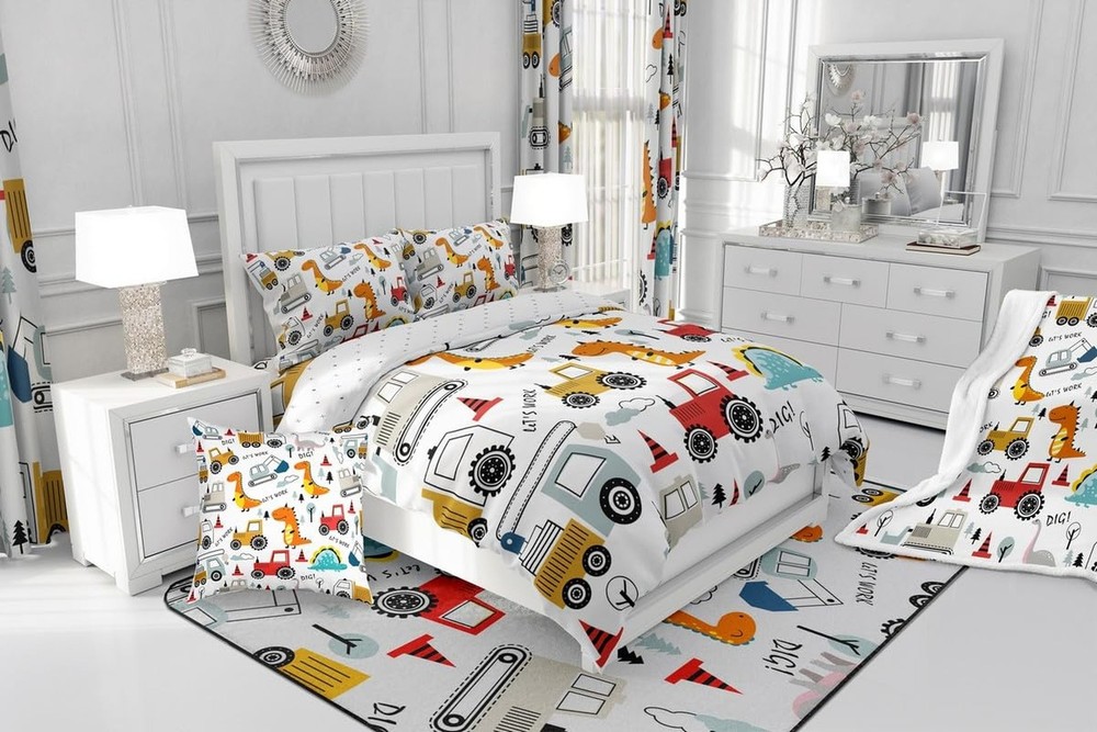 Construction Bedding Set Kids Cartoon Dinosaur Comforter Cover Set ... Fast Ship
