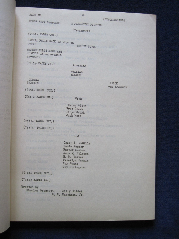 ORIGINAL CONTINUITY & DIALOGUE SCRIPT for BILLY WILDER'S SUNSET BOULEVARD