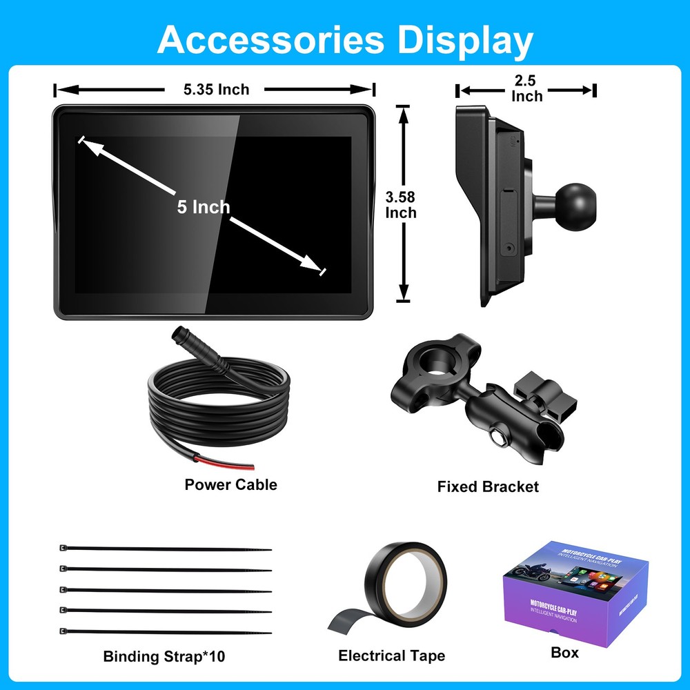 5 inch Motorcycle Touchscreen Wireless Carplay & Android Auto GPS Navigation