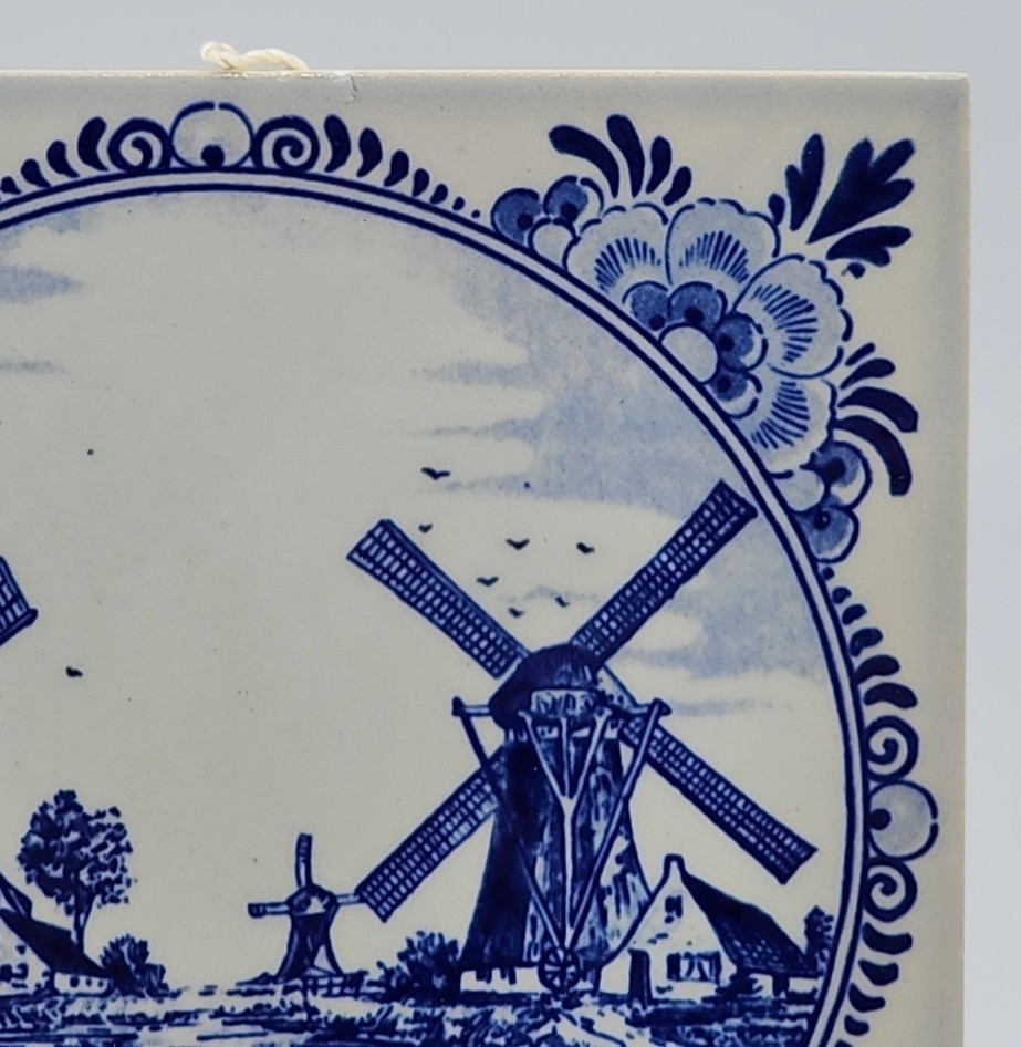 Delft Blauw Two Windmills on River Tile 6" x 6"