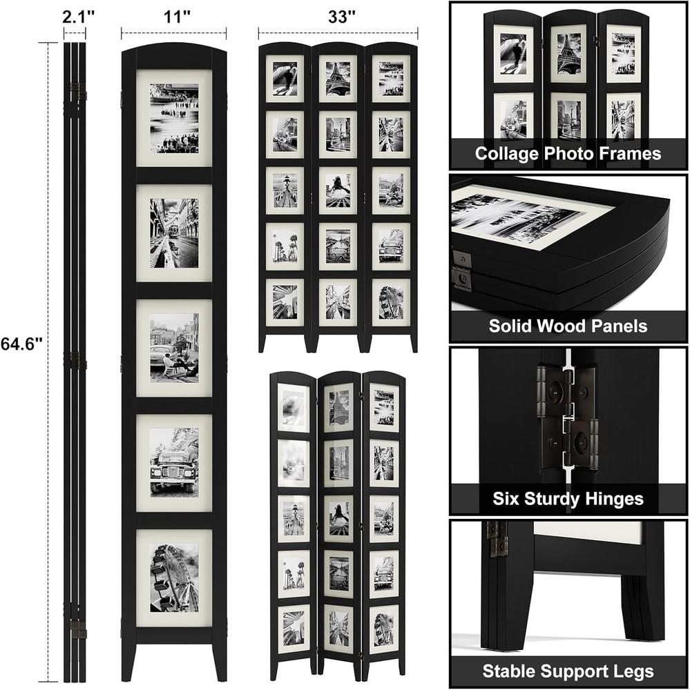 3 Panel Photo Room Divider Screen Solid Wood Divider Room Separation