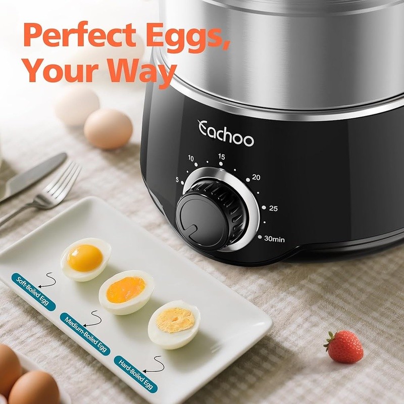 Dual Tier Egg Cooker 14 Egg Capacity Timer Automatic Shut Off Multi Use 350W
