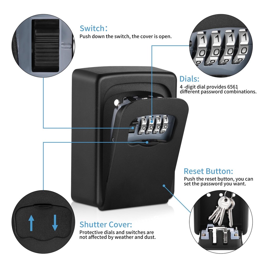 Secure Storage Key Safe Lock Box, Resettable Code, 5-Key Capacity