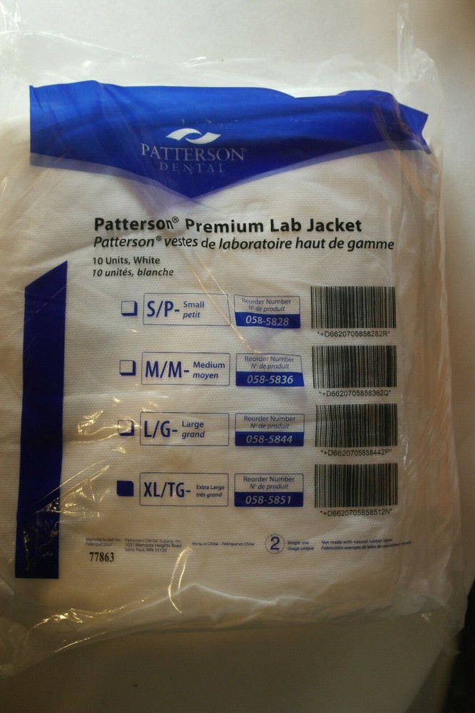 NEW PATTERSON DENTAL PREMIUM LAB JACKET 10 PACK 058-5851 SIZE XL WHITE (MO)