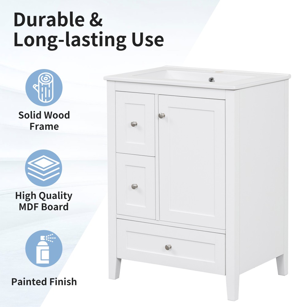 24 Inch Glossy Bathroom Vanity Solid Wood MDF Cabinet with Adjustable Shelf