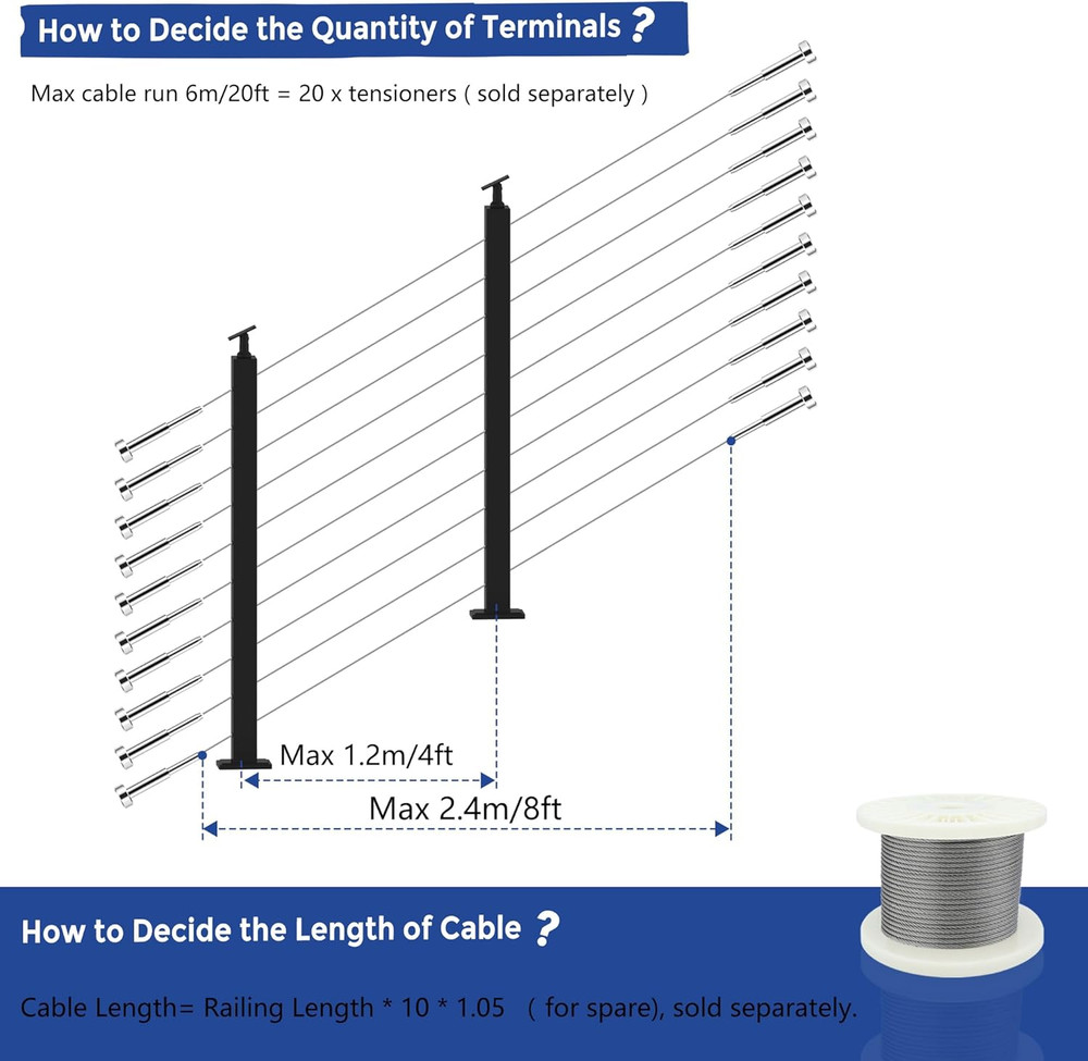 Stair Cable Railing Post 36" (Post 35"X2"X2"), 2 Pack 33° Drilled Adjustable Top