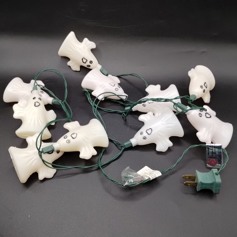 Vtg Halloween Plastic Ghosts String Light Set With Box Double Sided
