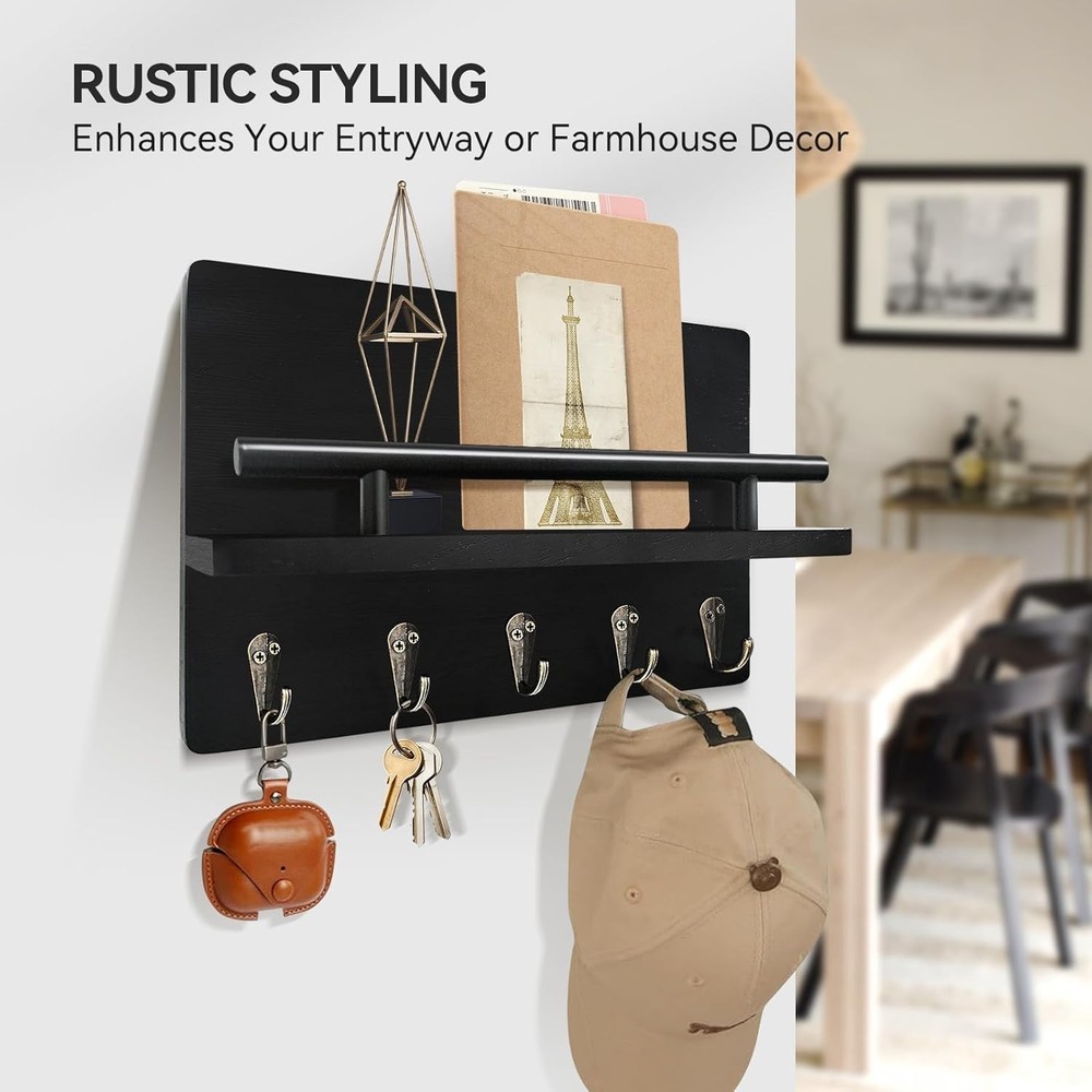 Wall-Mounted Key Holder & Mail Organizer with Hooks - Entryway Storage & Decor