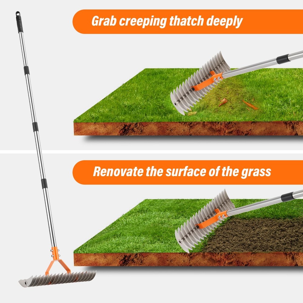 Adjustable Thatch Rake 19 Tine Lawn Dethatcher 62in Spring Yard Aerator
