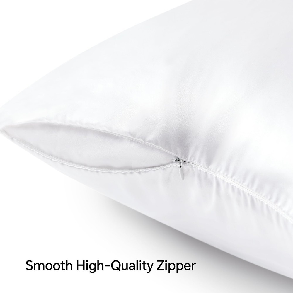 Satin Zippered Pillowcase 2 Pack, White Standard Size, Soft Cooling Silk-Like...