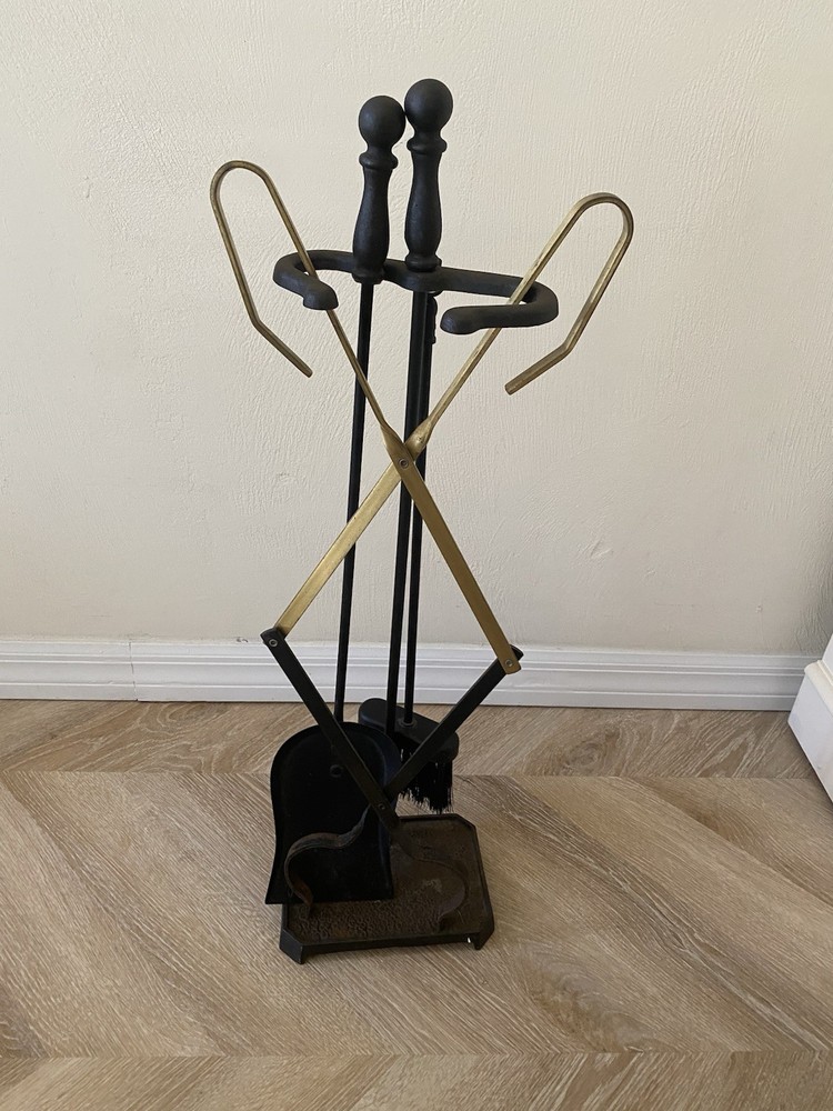 Fireplace Tools Vintage 3 Pc Iron Brass Accent & Stand Decor Unique