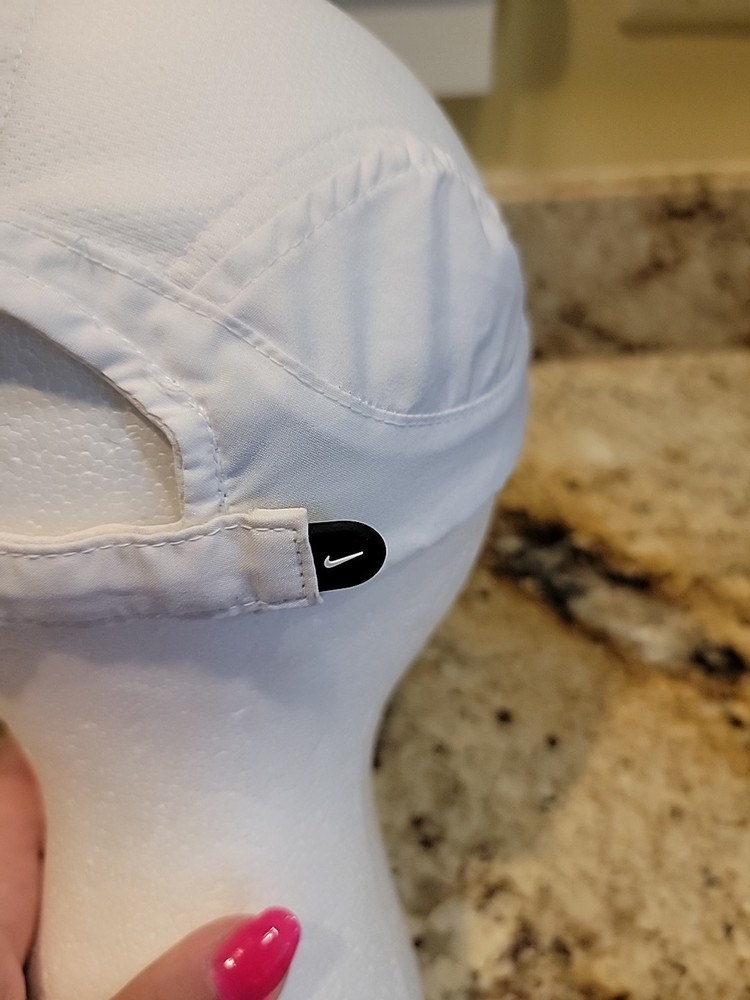 Nike Dri-Fit Featherlight 7 Panel Hat Cap White Adjustable Strap Running Tennis