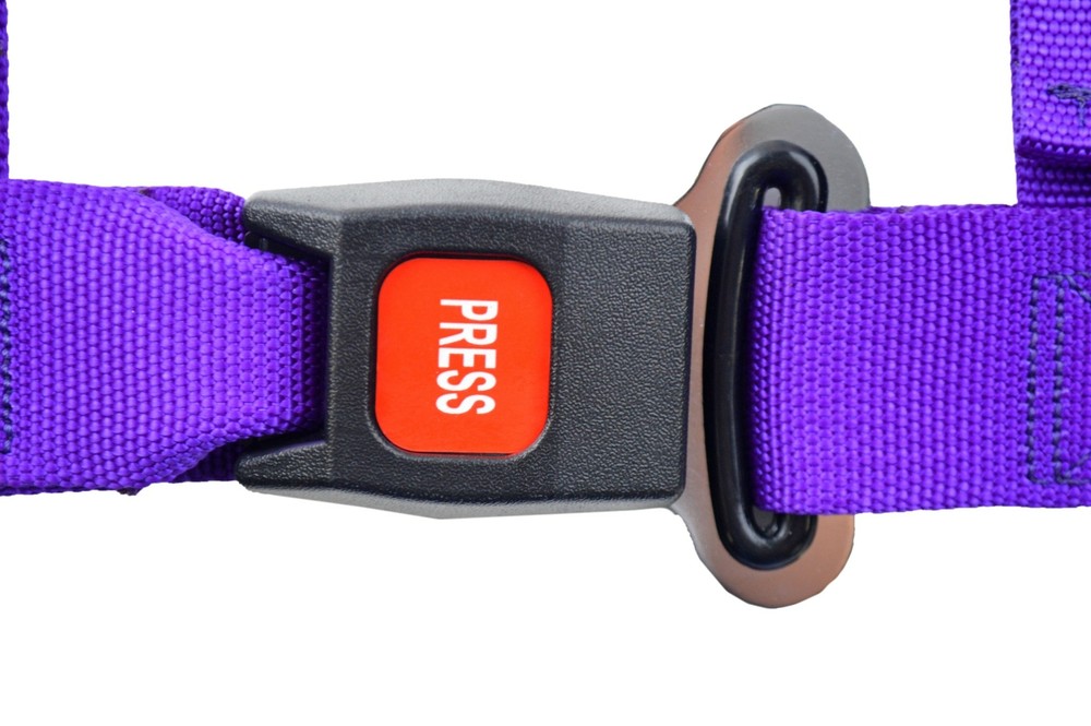 PURPLE 4 POINT SEAT BELT HARNESS PULL DOWN LAP BELTS ROLL BAR MOUNT PUSH BUTTON