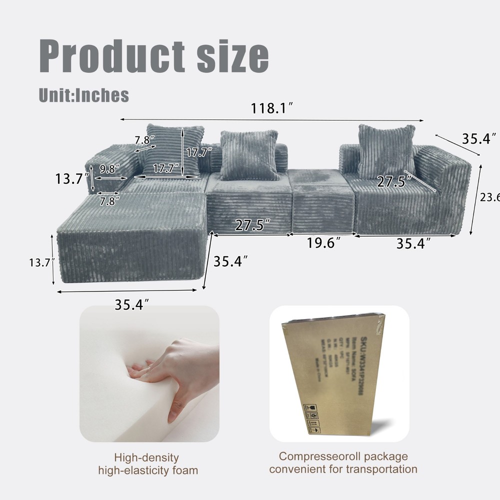 Light grey convertible modular combination sofa set compression sofa